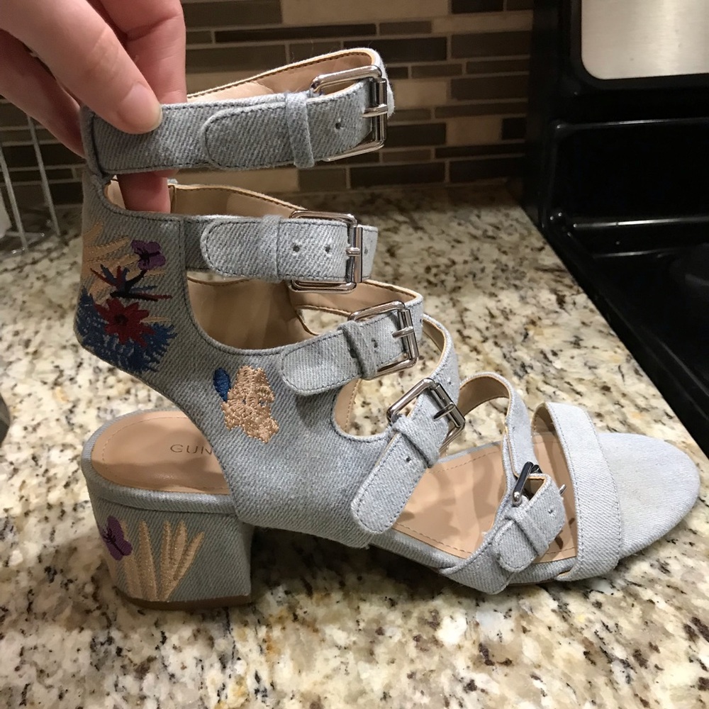 Gunmetal Embroidered Block Heeled Sandals